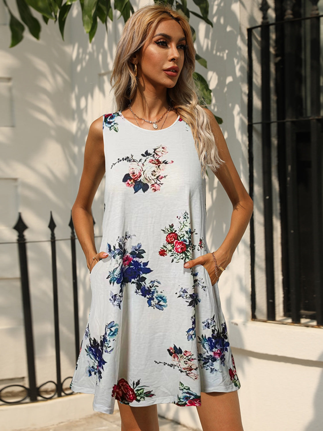 Printed Round Neck Sleeveless Dress with Pockets- ONLINE ONLY 2-7 DAY SHIP