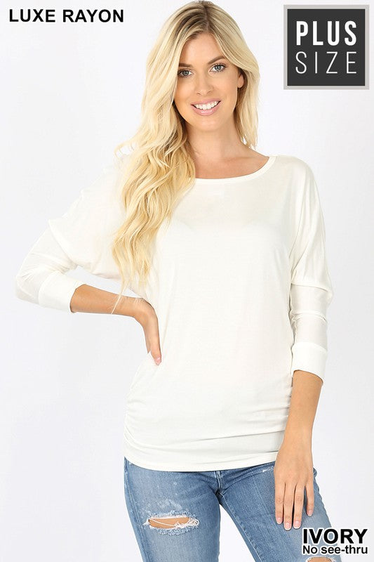 PLUS Luxe BOAT NECK 3/4 SLEEVE TOP SHIRRED