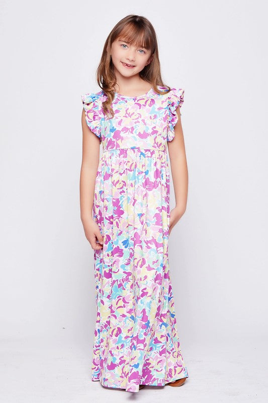 Kids Size Flower print Ruffle Maxi Dress
