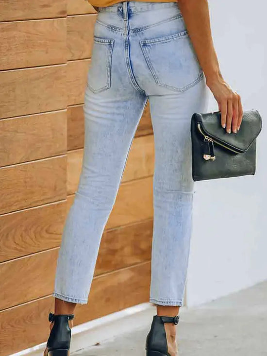 Washed Stretch Straight Ripped Jeans