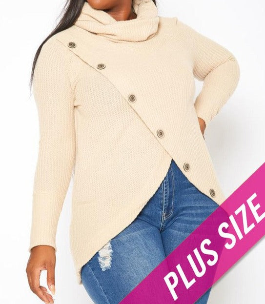 Plus Size Turtle Neck Sweater with Button Trim