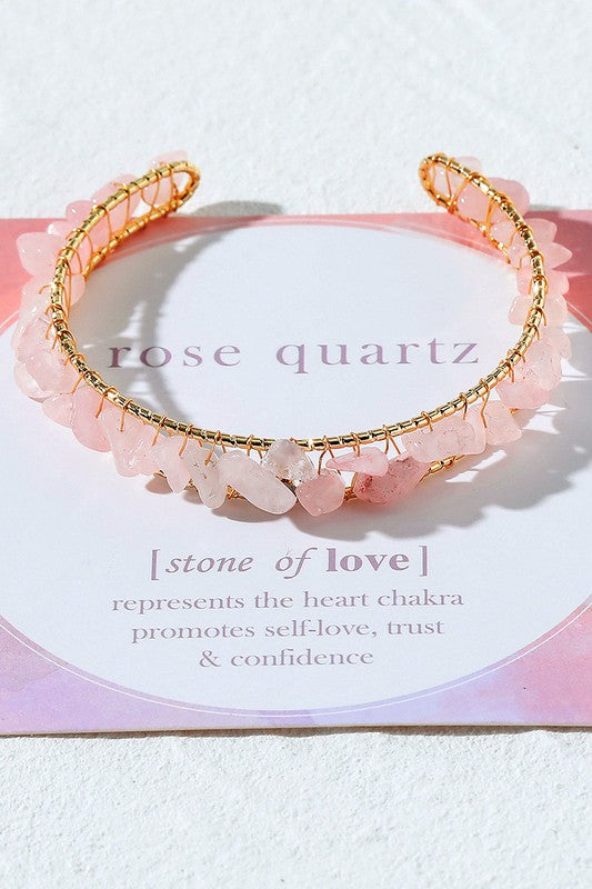 Rose Quartz Stone Beaded Cuff Bracelet