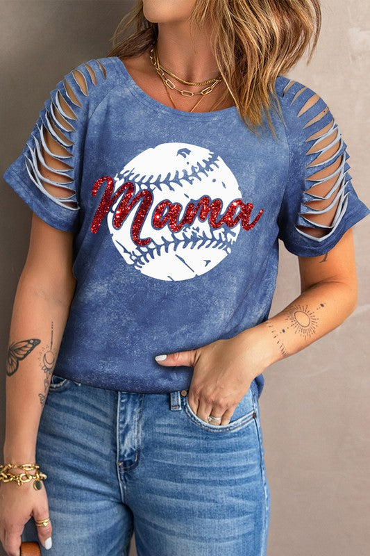 Sky Blue Mama Baseball Graphic Distressed T Shirt