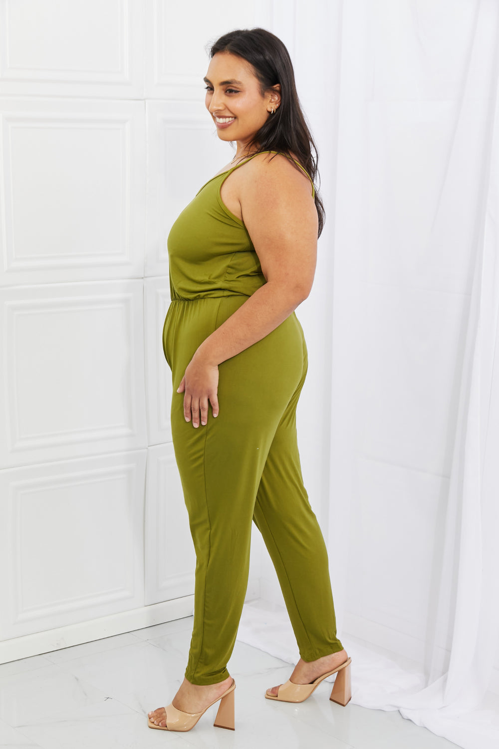 Capella Comfy Casual Full Size Solid Elastic Waistband Jumpsuit in Chartreuse- ONLINE ONLY 2-7 DAY SHIP