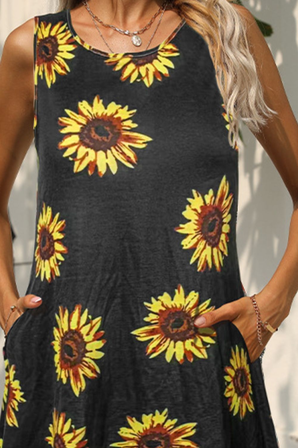 Printed Round Neck Sleeveless Dress with Pockets- ONLINE ONLY 2-7 DAY SHIP