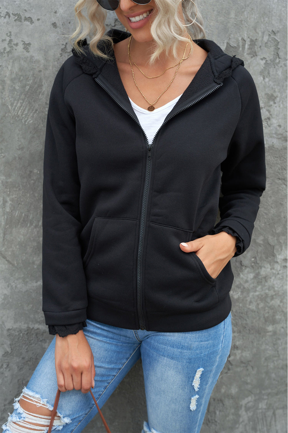 Lace Trim Zip-Up Hooded Jacket- ONLINE ONLY 2-10 DAY SHIPPING