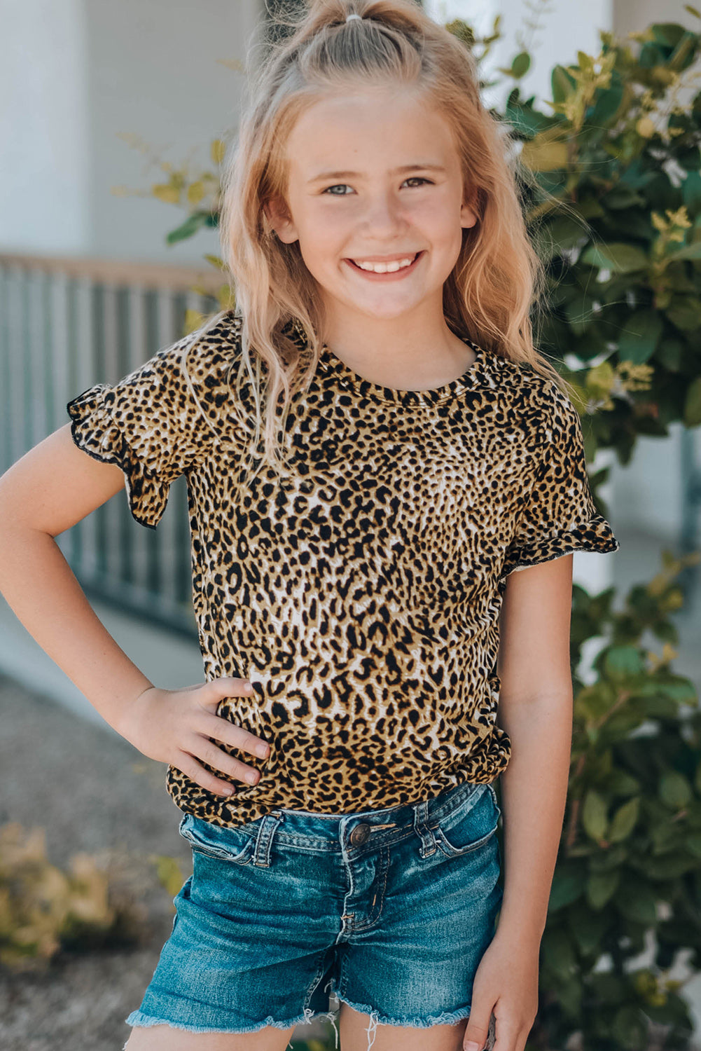 Girls Leopard Short Flounce Sleeve Tee- ONLINE ONLY 2-10 DAY SHIPPING