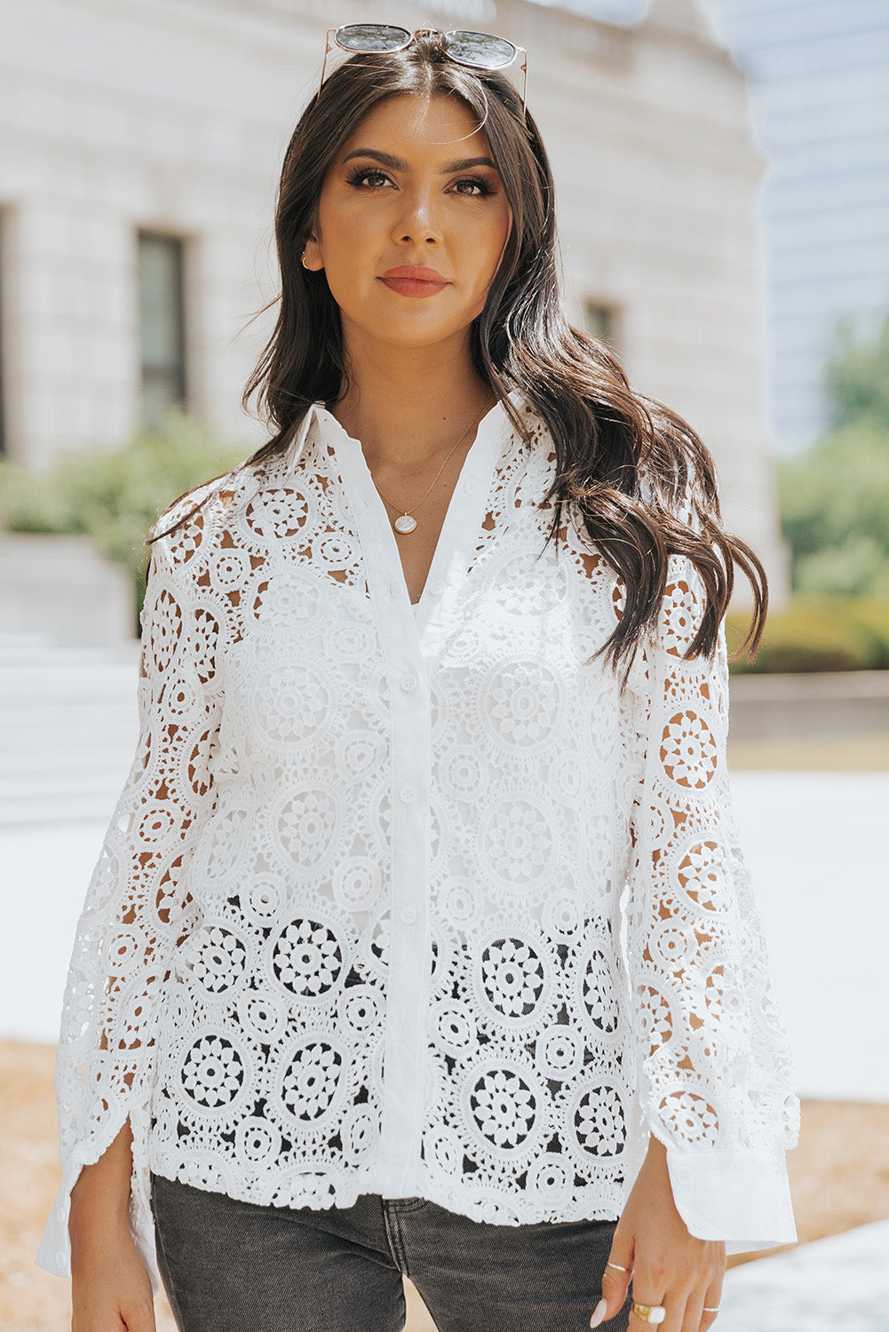 Button-Up Lace Collared Shirt- ONLINE ONLY 2-10 DAY SHIPPING