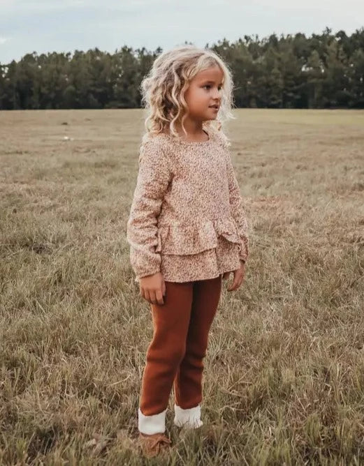 Kids Golden Floral Ruffle Top & Sweater Leggings Fall Set