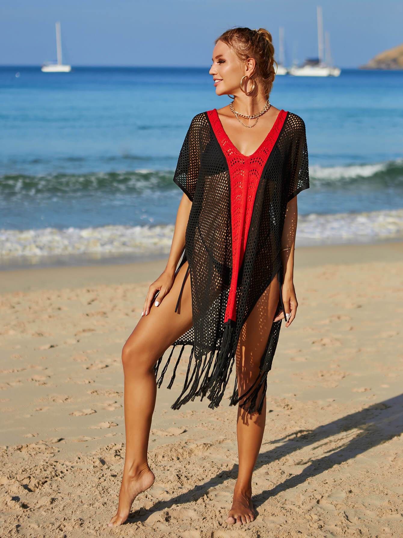 Contrast Fringe Trim Openwork Cover-Up Dress- ONLINE ONLY 2-10 DAY SHIPPING