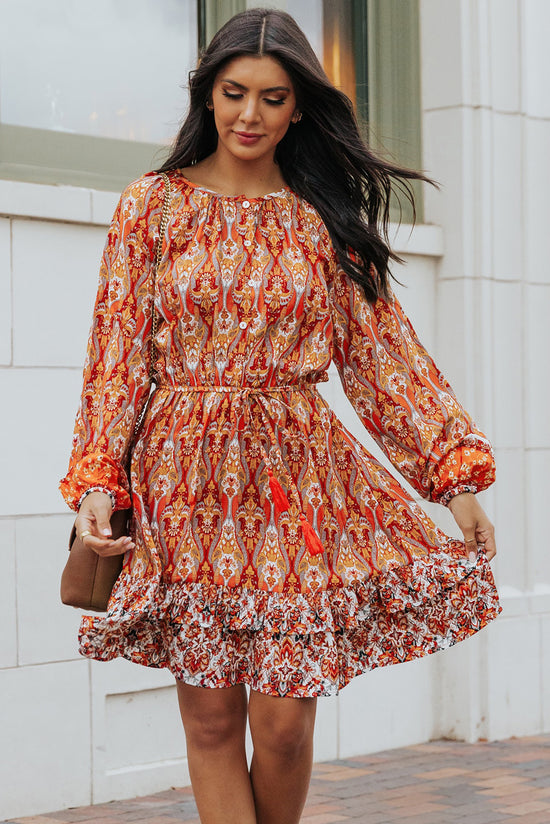 Printed Balloon Sleeve Tassel Tie Dress- ONLINE ONLY 2-10 DAY SHIPPING