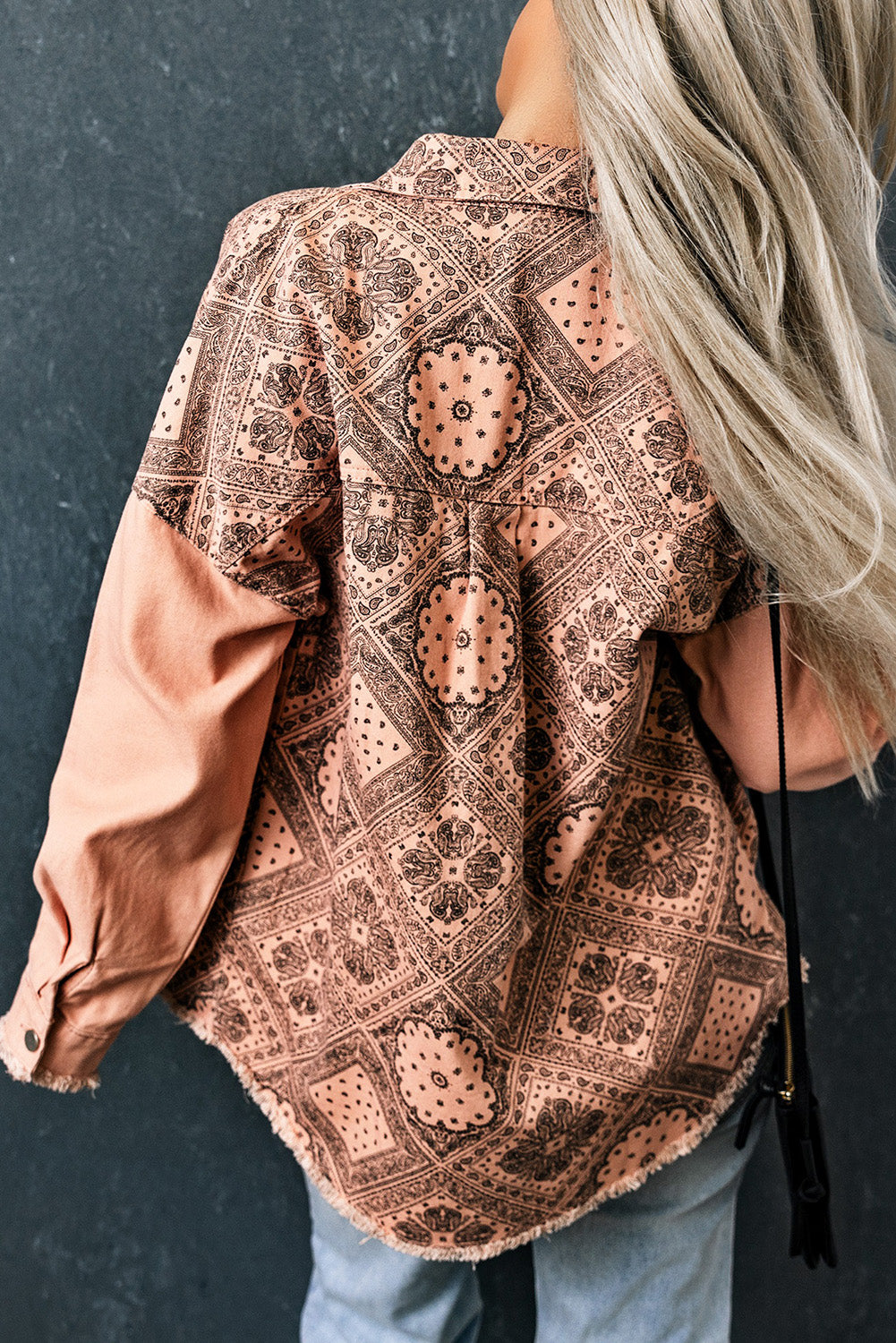 Printed Raw Hem Button Down Jacket with Pockets- ONLINE ONLY 2-10 day Shipping
