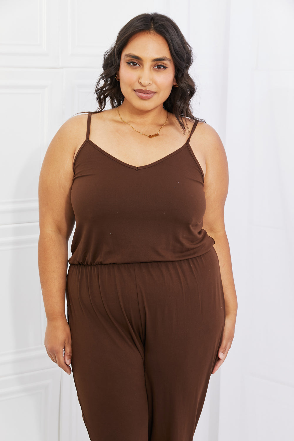 Capella Comfy Casual Full Size Solid Elastic Waistband Jumpsuit in Chocolate- ONLINE ONLY 2-7 DAY SHIP