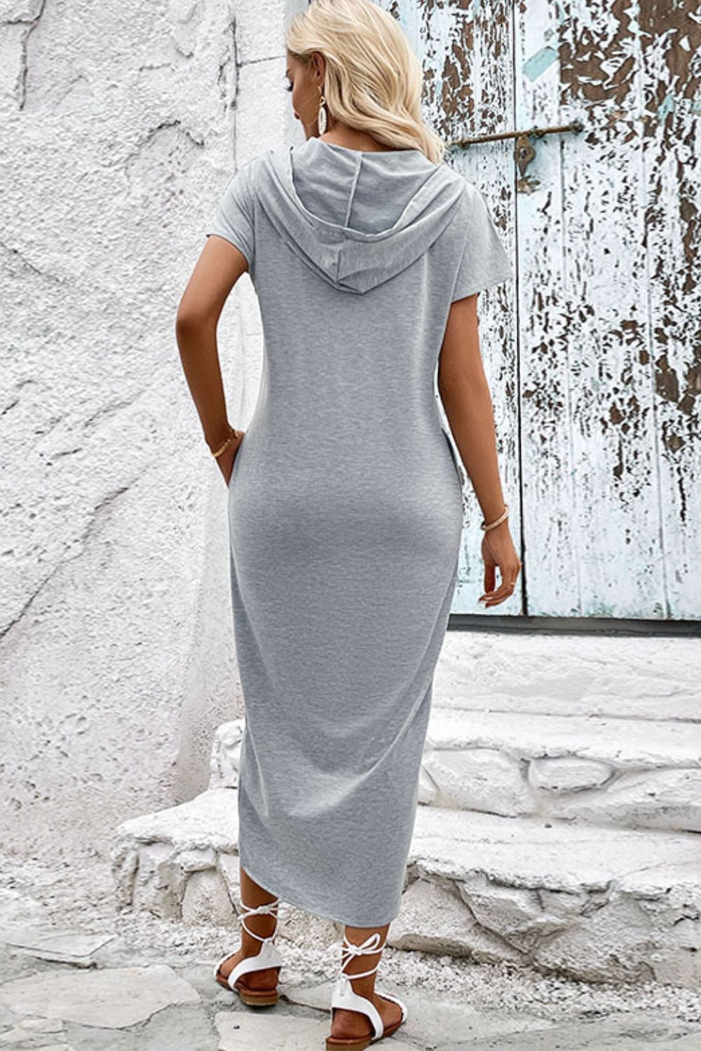 Short Sleeve Front Slit Hooded Dress- ONLINE ONLY 2-10 DAY SHIPPING
