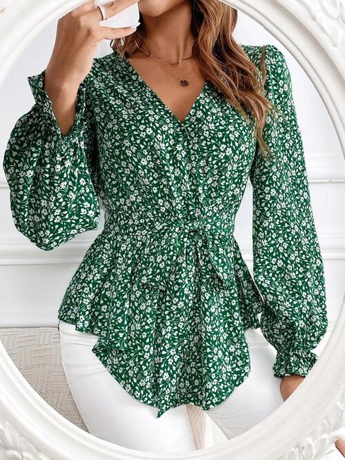 Printed V-Neck Tie Front Flounce Sleeve Blouse