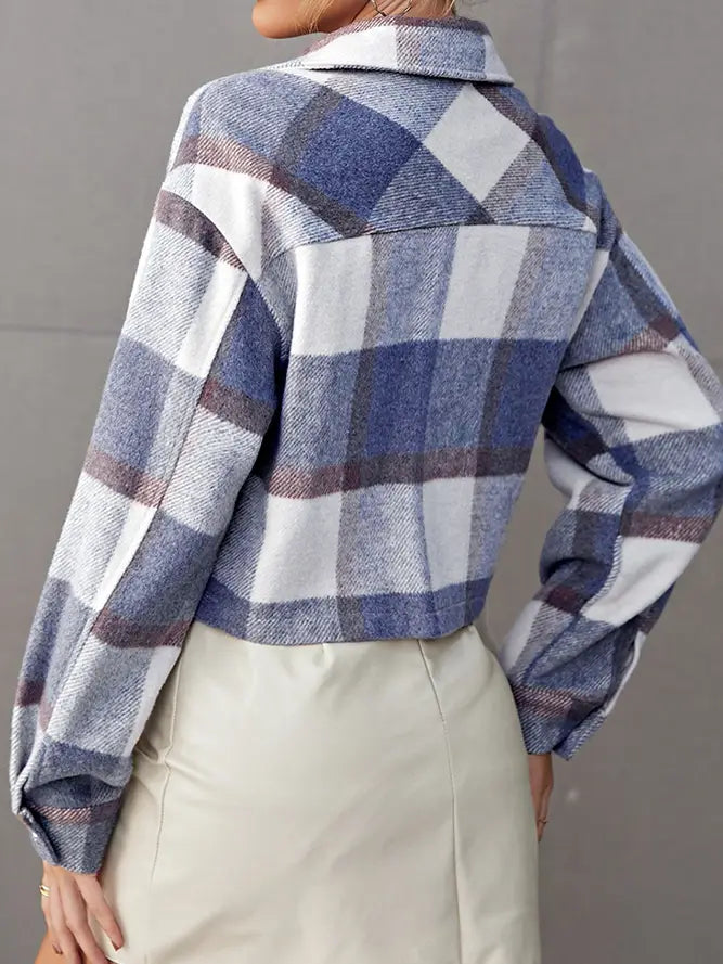 Cropped Pocketed Plaid Open Button Shacket