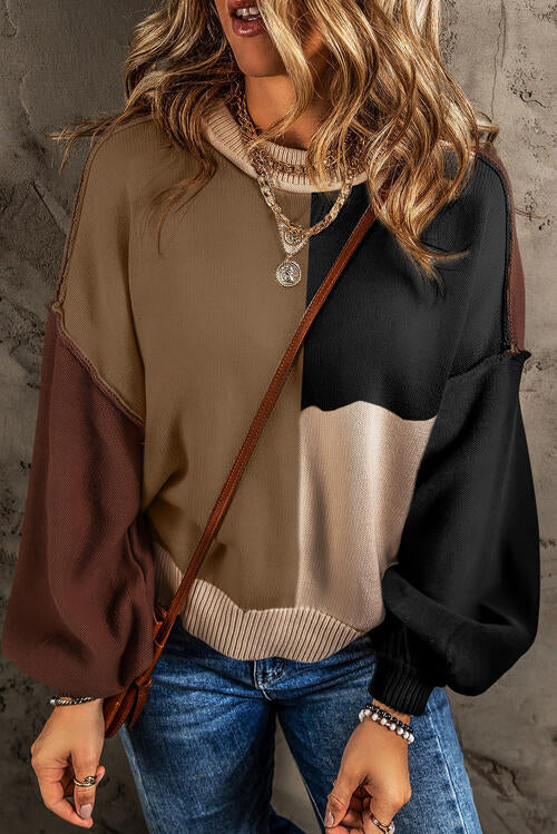Color Block Exposed Seam Long Sleeve Sweater