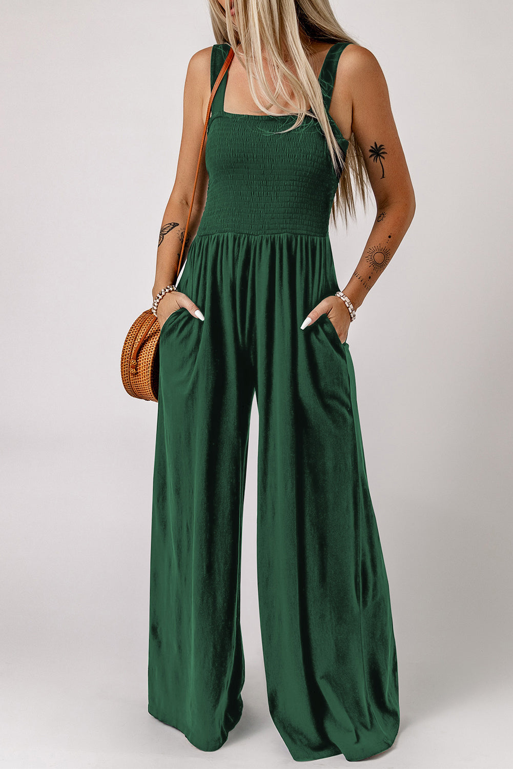 Smocked Square Neck Wide Leg Jumpsuit with Pockets- ONLINE ONLY 2-7 DAY SHIP