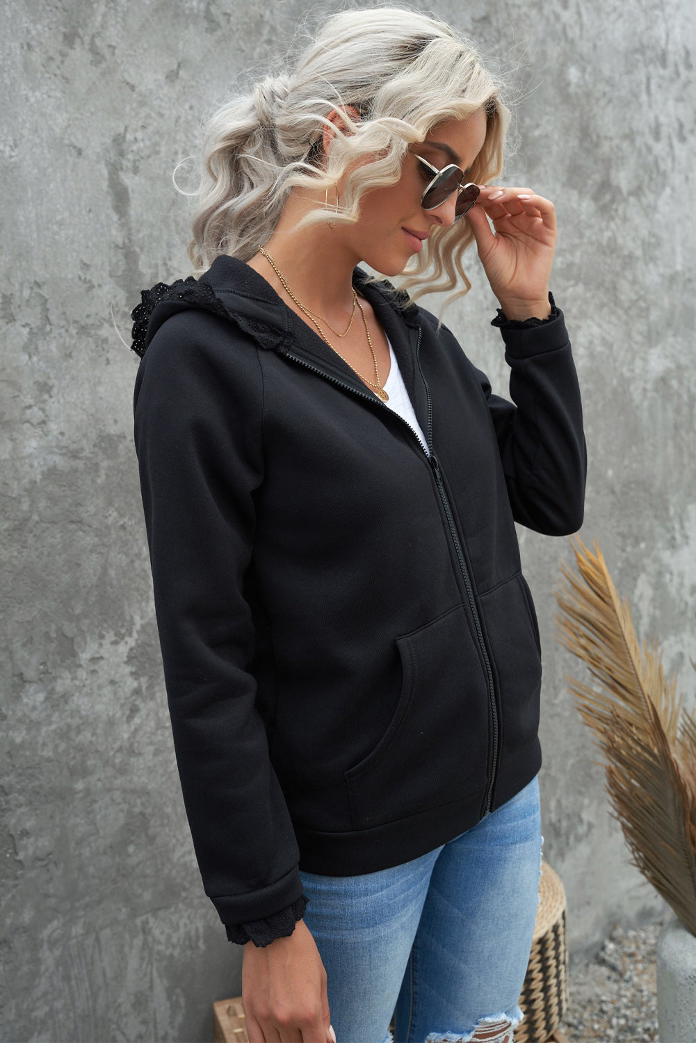 Lace Trim Zip-Up Hooded Jacket- ONLINE ONLY 2-10 DAY SHIPPING