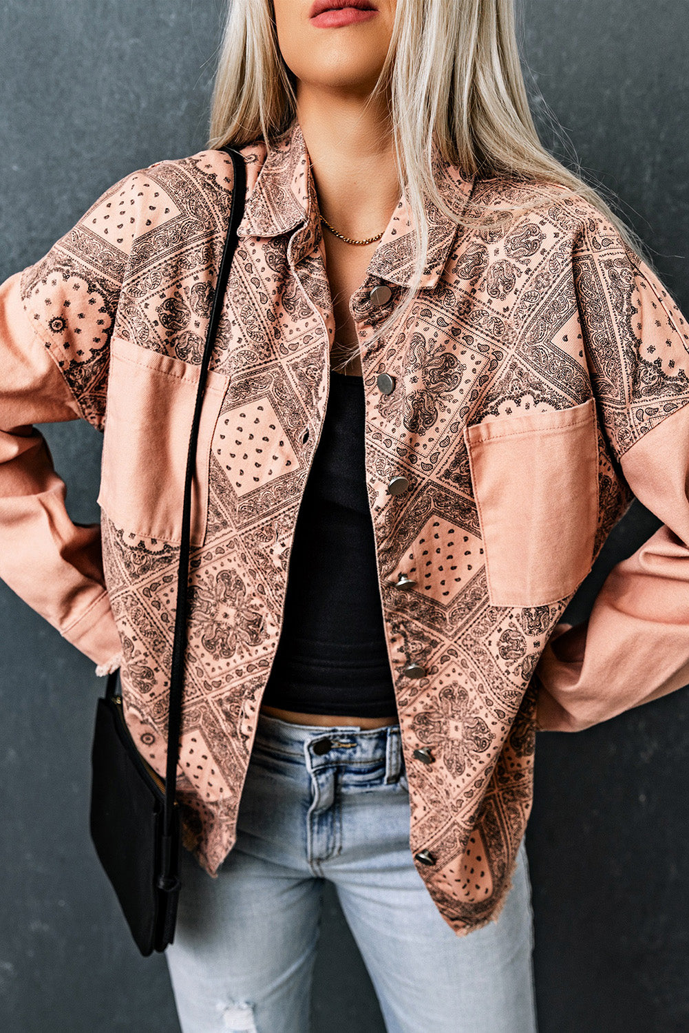 Printed Raw Hem Button Down Jacket with Pockets- ONLINE ONLY 2-10 day Shipping