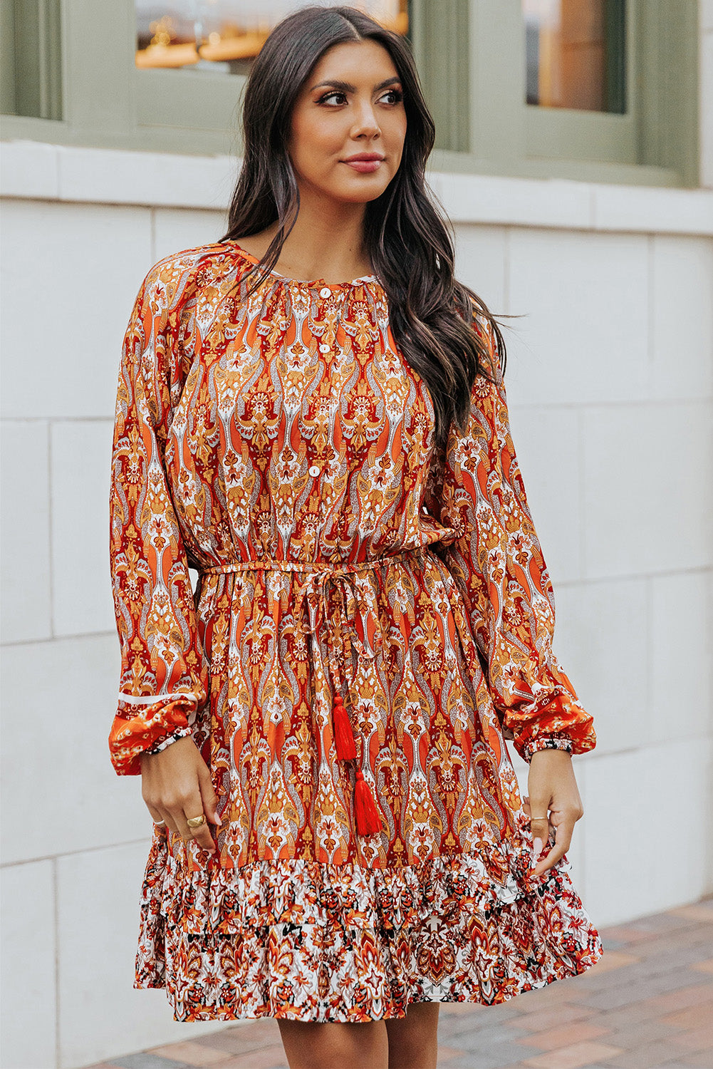Printed Balloon Sleeve Tassel Tie Dress- ONLINE ONLY 2-10 DAY SHIPPING
