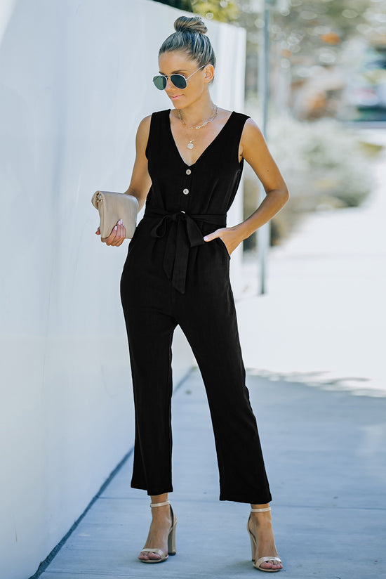 V-Neck Tie Waist Sleeveless Jumpsuit- ONLINE ONLY 2-10 DAY SHIPPING