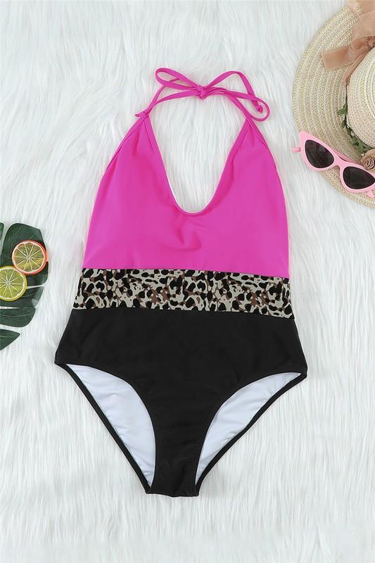 Rose Splicing Leopard Print Color Block Swimsuit