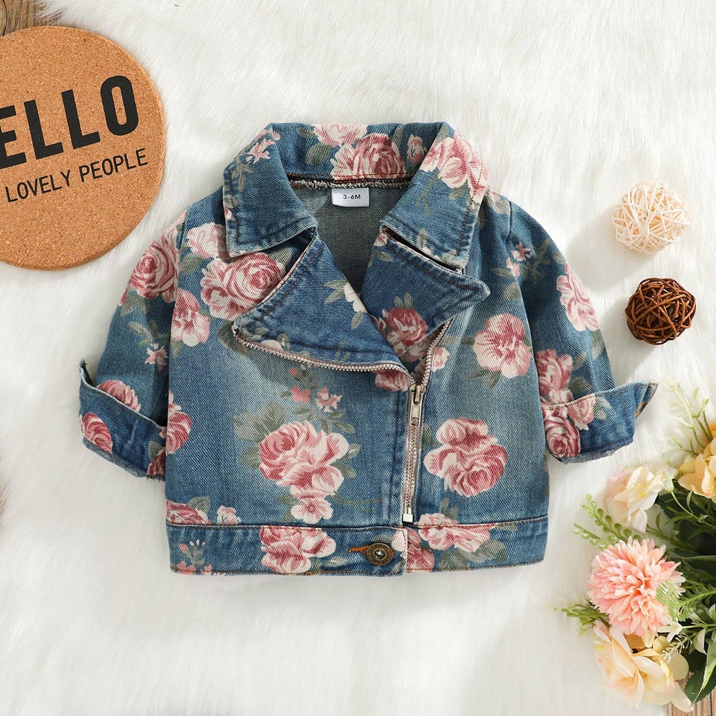 100% Cotton Baby Floral Print Lapel Zip Denim Jacket