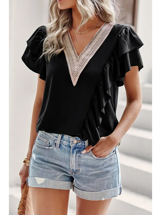 Color Block V Neck Lace Solid Ruffle Loose Fit Top - In Store