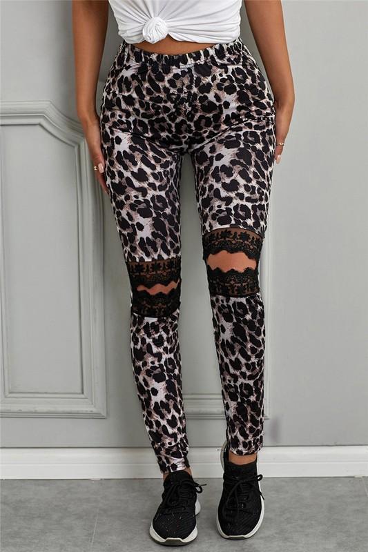 Hollow Out Lace Detail Printed Leggings