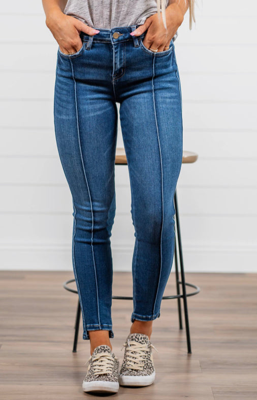 High Rise Ankle Skinny W Front Seam And Uneven Hem